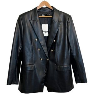 Zara Faux Leather Double Breasted Blazer Black Gold Buttons XXL. New With Tags!